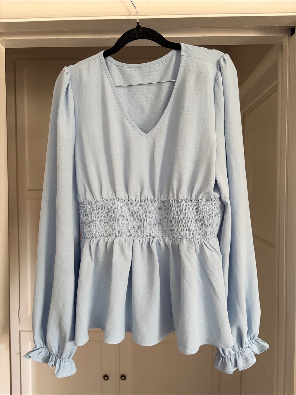 Light Blue Smocked Waist V-Neck Long Sleeve Top